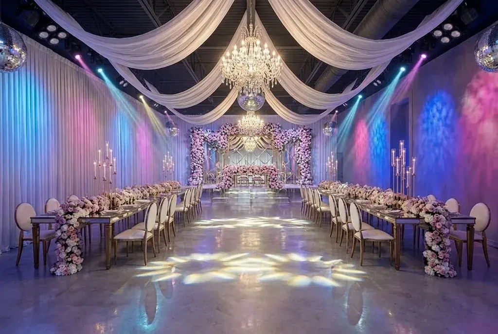 Romantic draped ceremony with uplighting