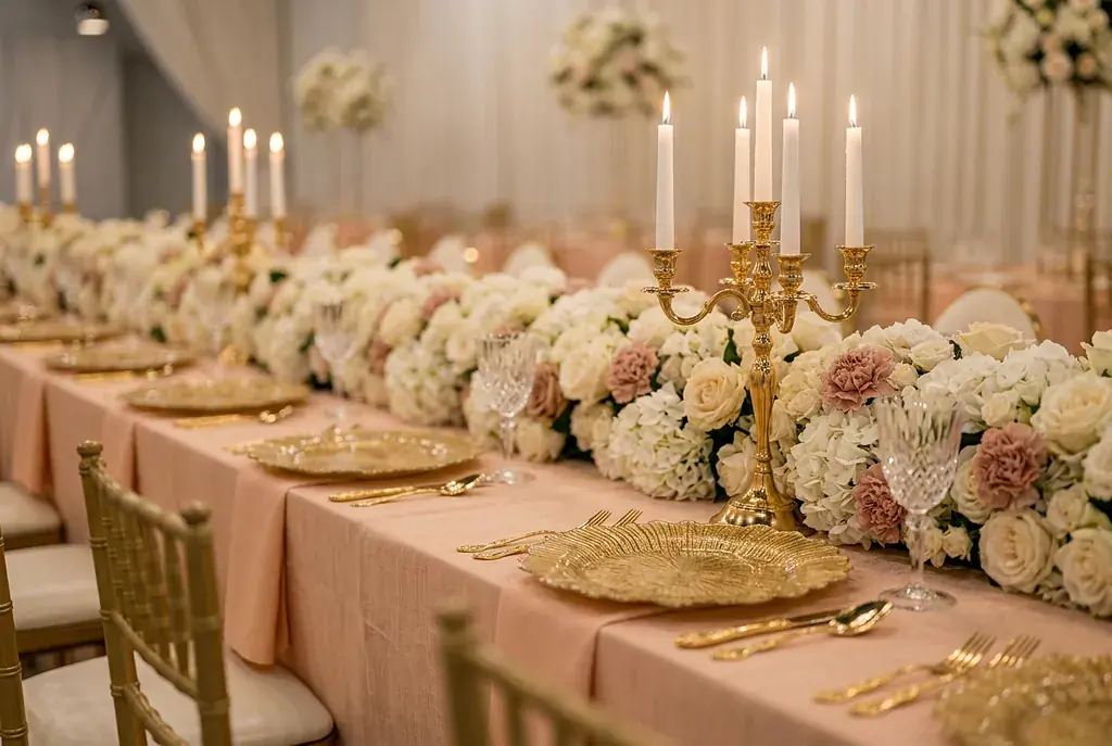 Peach tablescape with gold candelabras