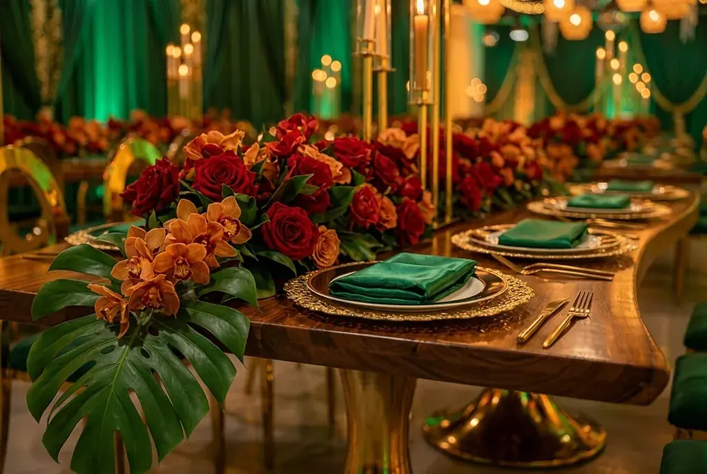 Emerald and crimson tropical decor