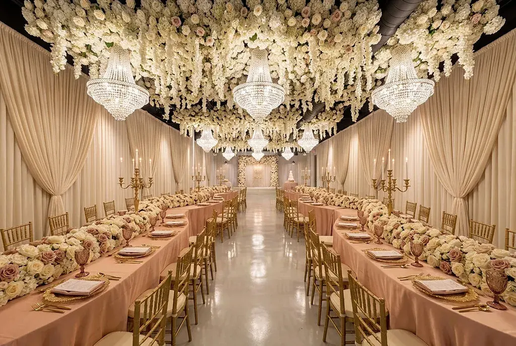 Luxury floral chandelier ceremony setup