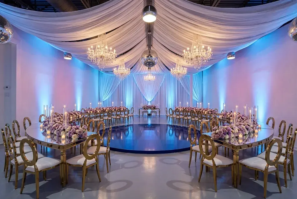 Circular reception with mirrored tables