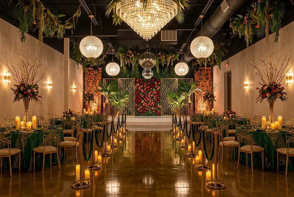 Tropical themed reception with greenery