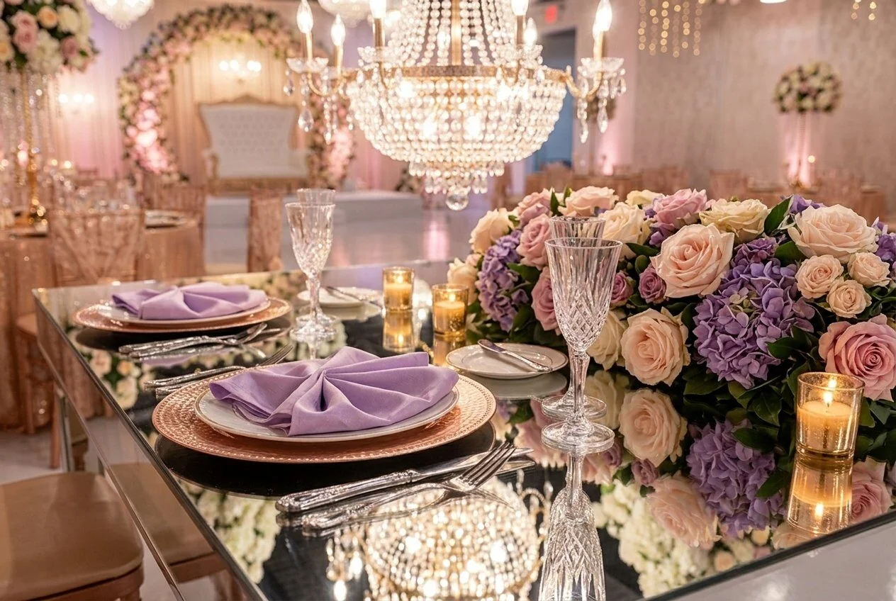 Mirrored tablescape with lavender napkins